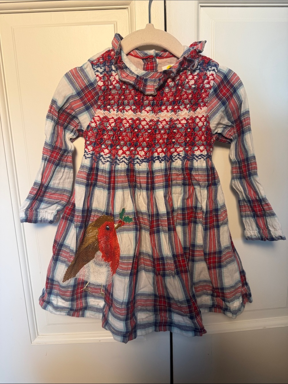 Mini Boden Red & Navy Plaid Smocked Long-Sleeve Lined Dress w/ Stitched Bird